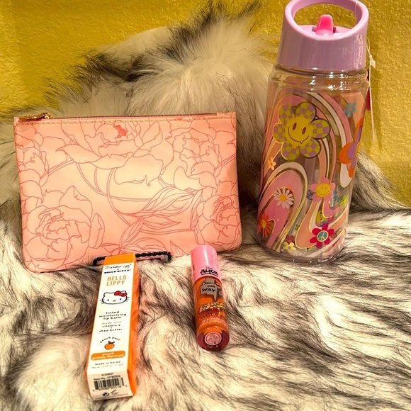 Makeup bag with tinted lipstick/lip and cheek color & water bottle w/ stickers - Picture 1 of 7